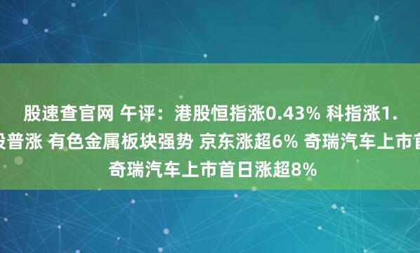 股速查官网 午评:港股恒指涨0.43% 科指涨1.91% 科网股普涨 有色金属板块强势 京东涨超6% 奇瑞汽车上市首日涨超8%